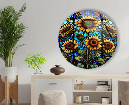 Swirling sunflowers in stained art from glass create a dynamic and kinetic energy within this round wall art piece.