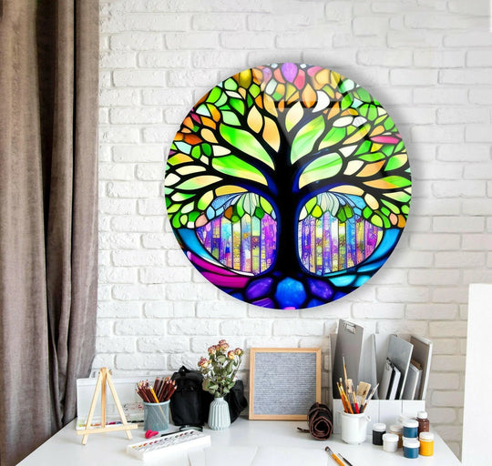 Ethereal light fills the room from the stained tree of life round glass wall art, creating a calming mood and showcased with innovative glass printing techniques.