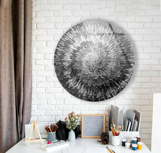Depth and layers define the silver abstract round glass wall art, creating a stunning piece of unique modern wall decor with a captivating visual texture.