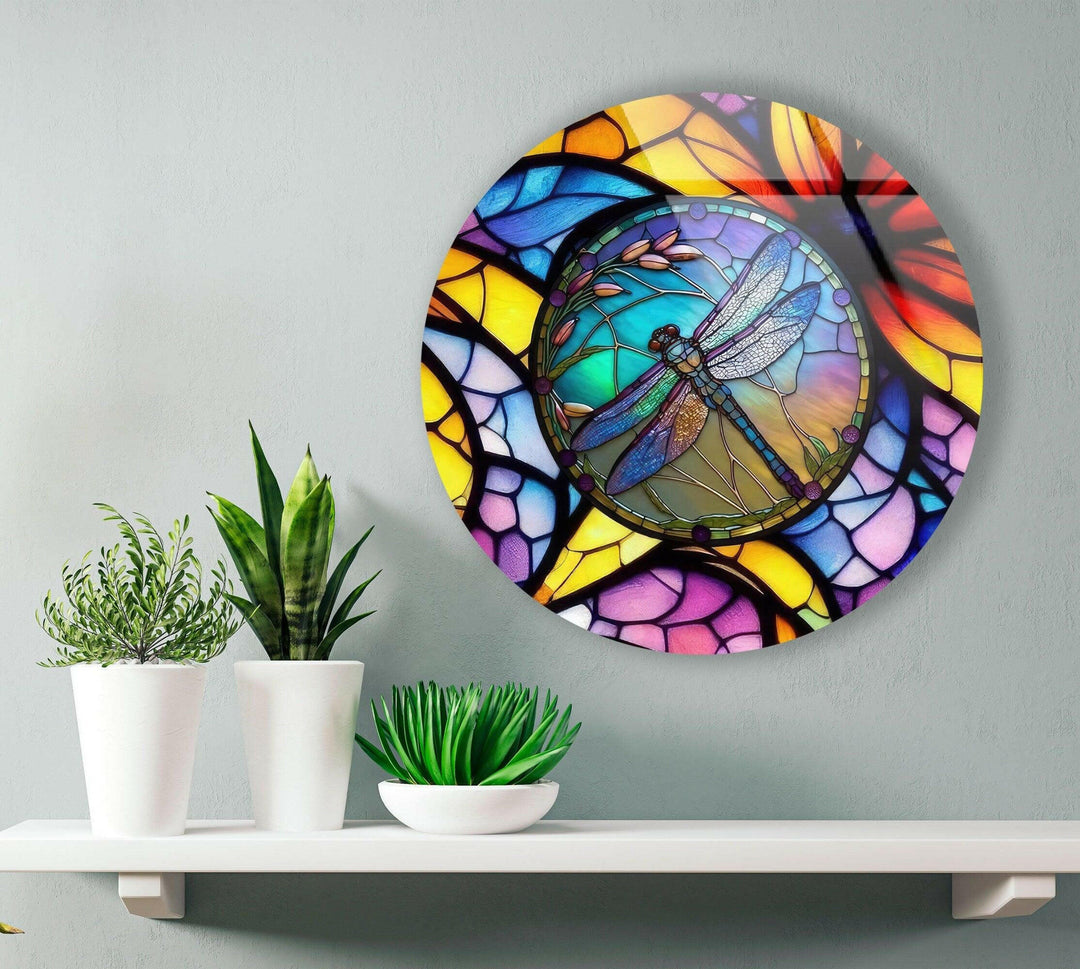 Stained Dragonfly Round Glass Wall Art glass pictures for Wall, glass prints wall art
