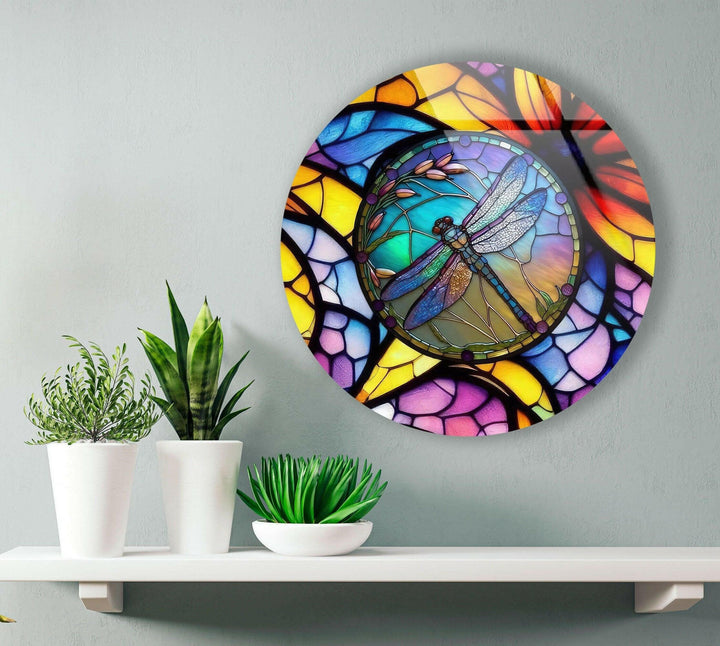 Stained Dragonfly Round Glass Wall Art glass pictures for Wall, glass prints wall art
