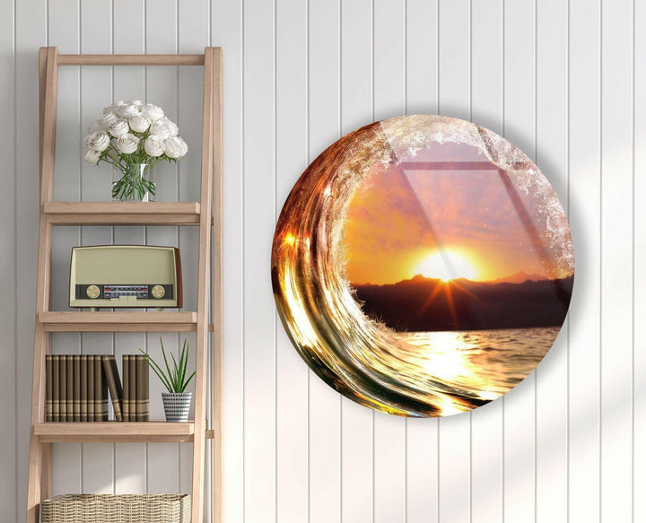Sunset & Waves Round Glass Wall Art art glass wall art, glass wall art pictures
