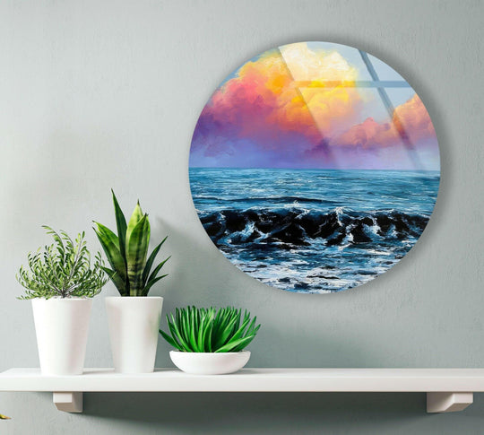 Round glass wall art sunset view and waves with vibrant colors and ocean serenity decor for coastal wall art spaces