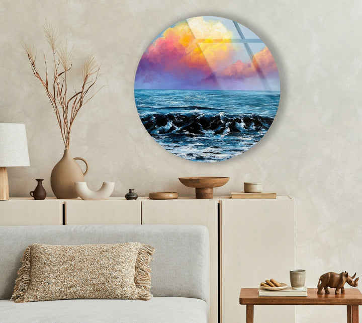 Sunset View & Waves Round Glass Wall Art glass pictures for Wall, glass prints wall art
