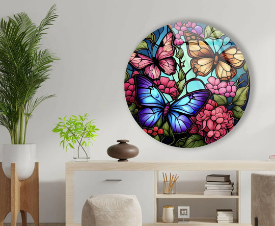 Vibrant, stained colored butterflies steal the scene in this captivating round glass decorative wall art, an intricate design featuring detailed flowers and butterflies.