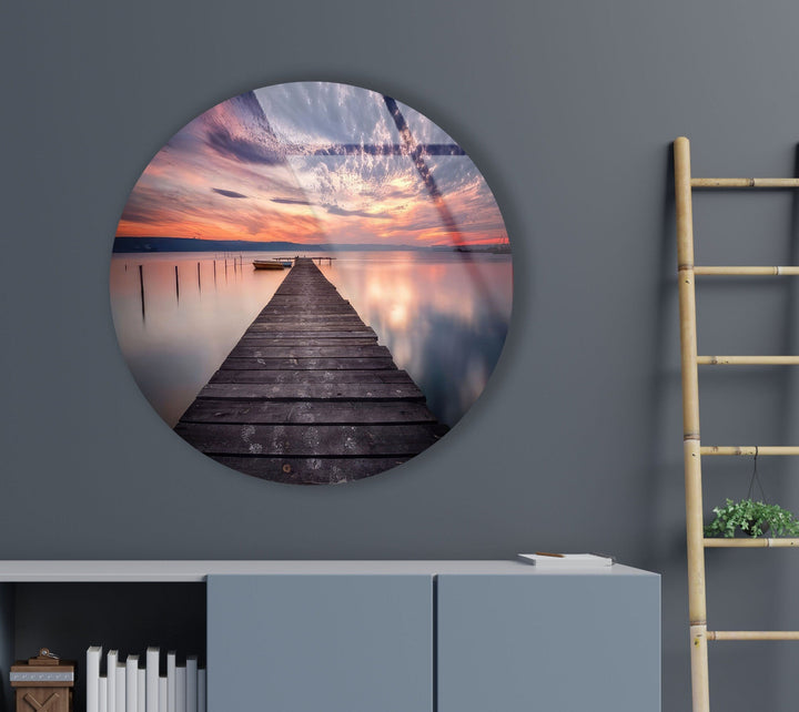 Purple Sunset Lake View Round Glass Wall Art glass pictures for Wall, glass prints wall art
