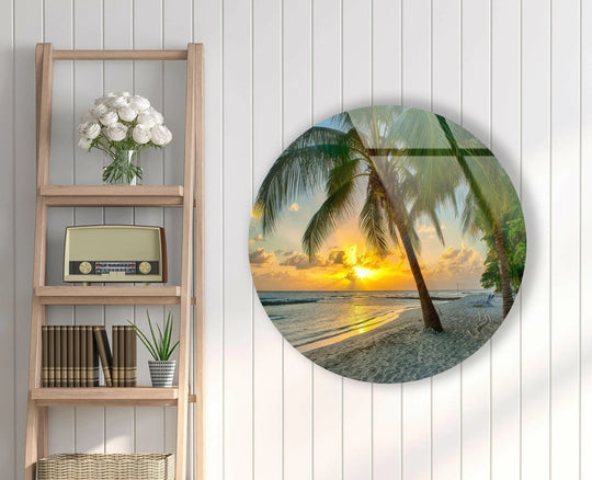 Sunlight reflects, creating a soft glow on the tropical beach scene of this round print wall art, a serene piece of tropical green round glass wall art.