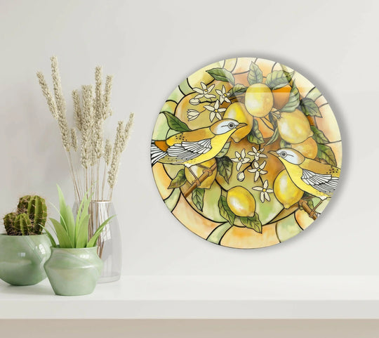 Featuring a stained effect, the bright, complementary hues of yellow, green, and orange create a visually pleasing background for the tempered glass wall art.