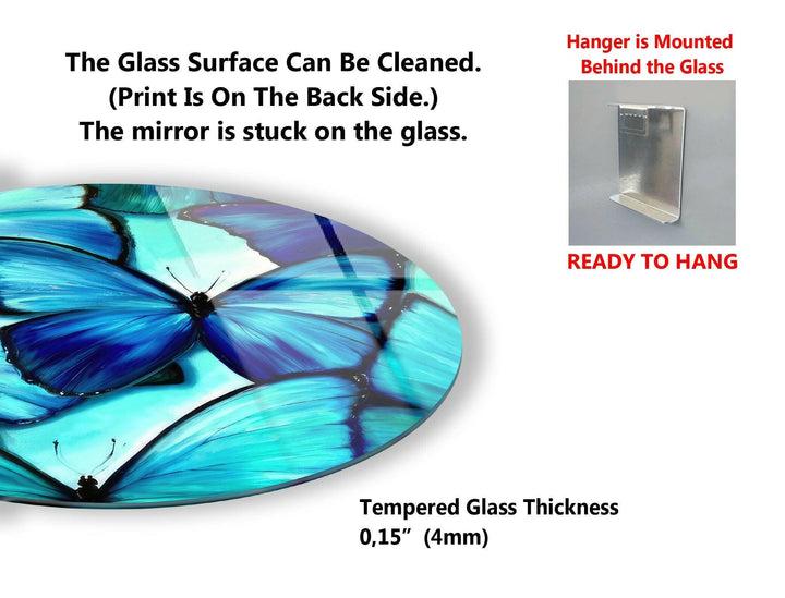 Runde Glaswandkunst mit blauem Schmetterling