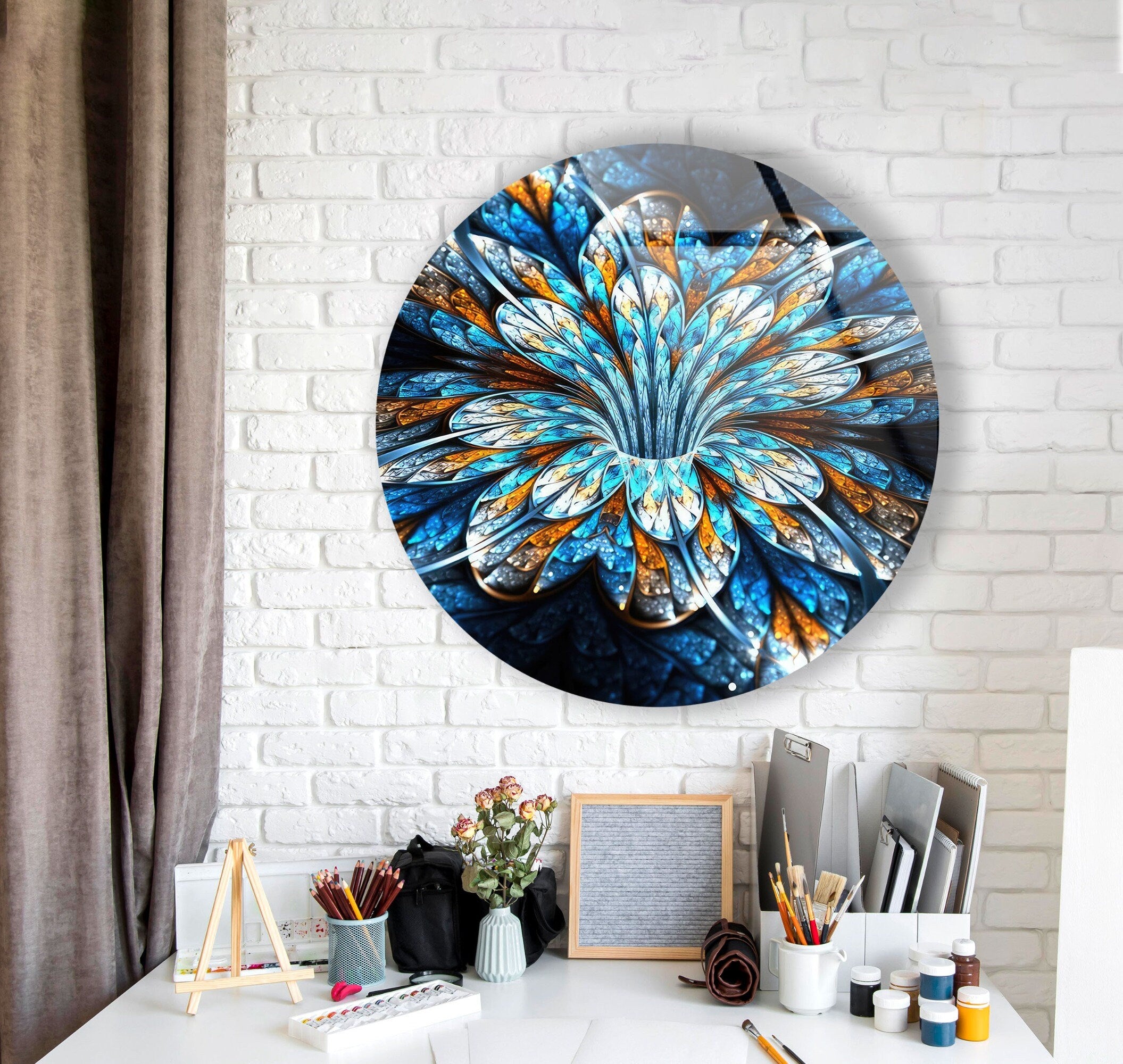 Abstract Flower Fractal Round Tempered Glass Wall Art