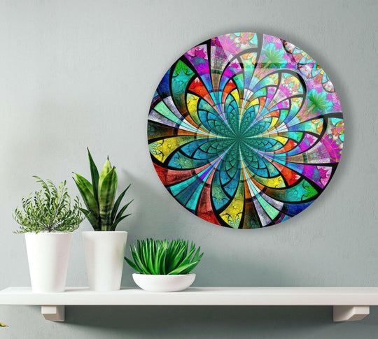 Vibrant stained colored flower round glass wall art decor stands out as the loudest element, creating a captivating focal point.