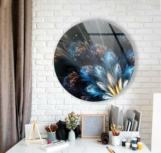 Illuminating the negative space around a bright blue flower, this round tempered glass wall art is a radiant floral statement piece.
