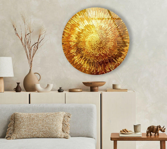 At the focal point, the golden spiral abstract round glass decorative wall art creates a mesmerizing burst of light and texture, enhancing a modern room.