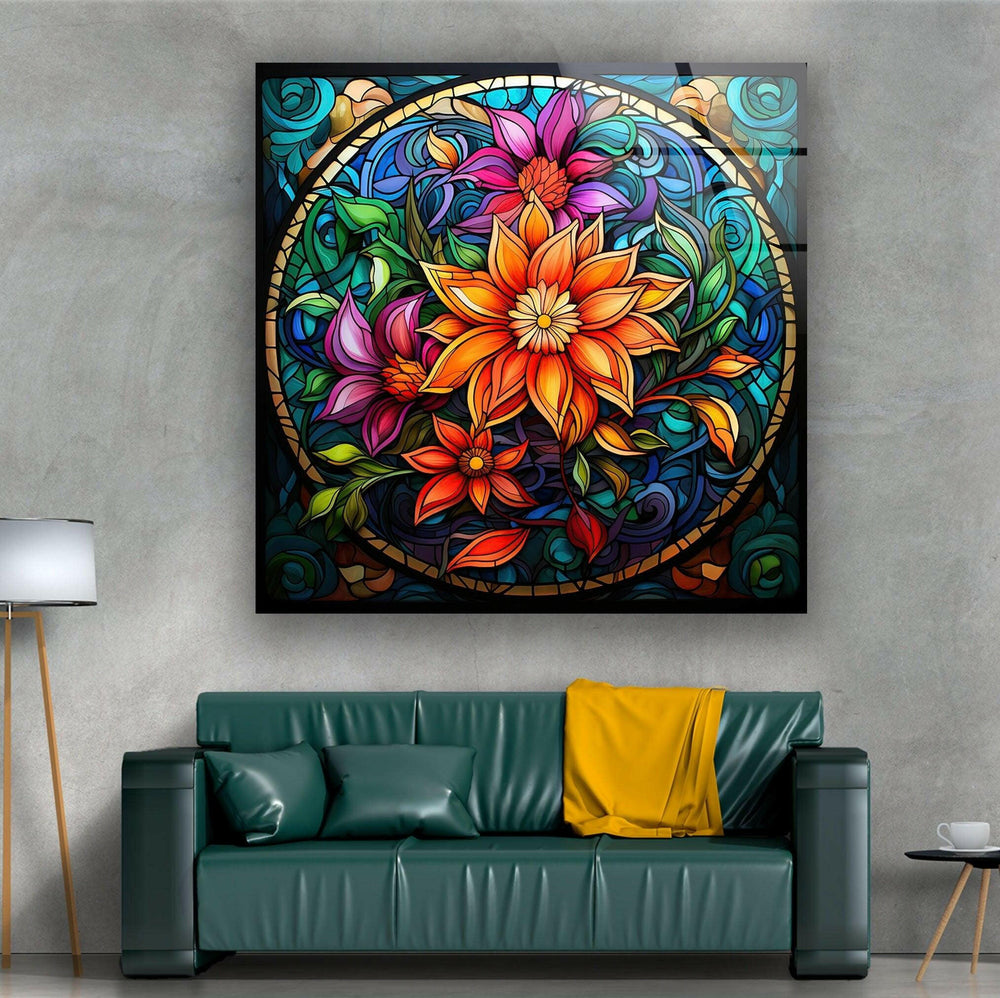 Vintage Floral Stained Glass Wall Art print on glass, glass printed photos