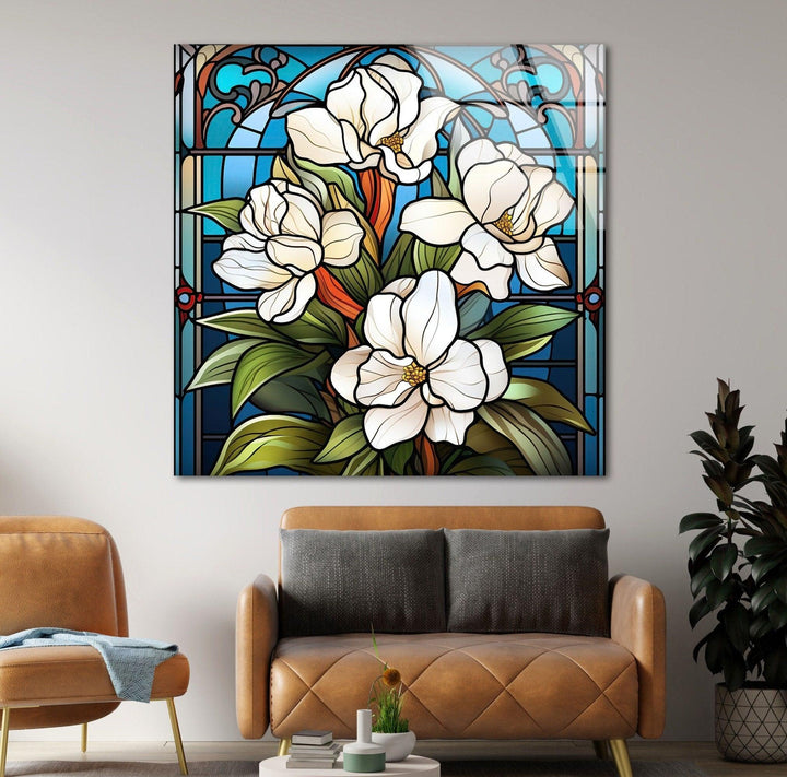 Stained Glass Window With White Flower Glass Wall Art, stained glass wall art, stained glass wall decor