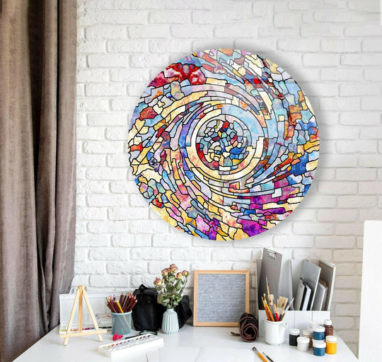 Displaying the layering effect, this color swirl stained round glass art features unique glass art patterns spiraling toward the center.