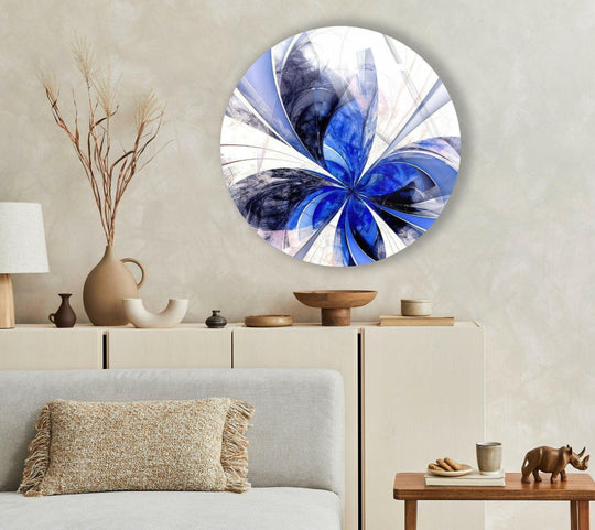 Intense color saturation highlights the vivid blues in this fractal flower decorative wall art, a stunning round glass piece with a dynamic, abstract design.