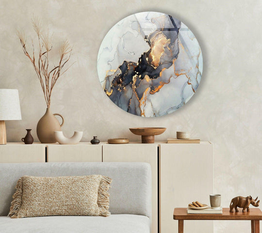 Featuring high-quality glass construction, this round wall art showcases gold details and gray marble, offering a luxurious home decoration to elevate any space.