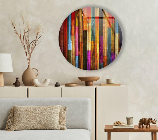 The transition between the vertical wood patterns showcases a spectrum of colors in this colorful wood pattern round glass art, creating a captivating glass art display.