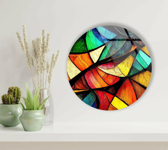 Textured surface highlights the symmetrical symbols in this stained round glass art painting, creating a captivating visual depth.