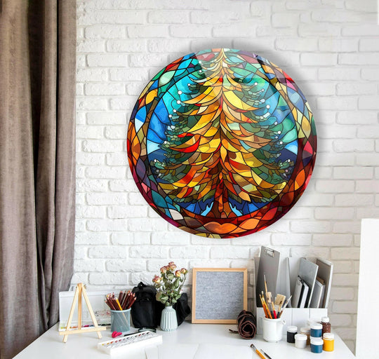 Textured surface of the stained Christmas pine tree round glass wall art decor showcases a mosaic of colorful, geometrically-shaped glass pieces.