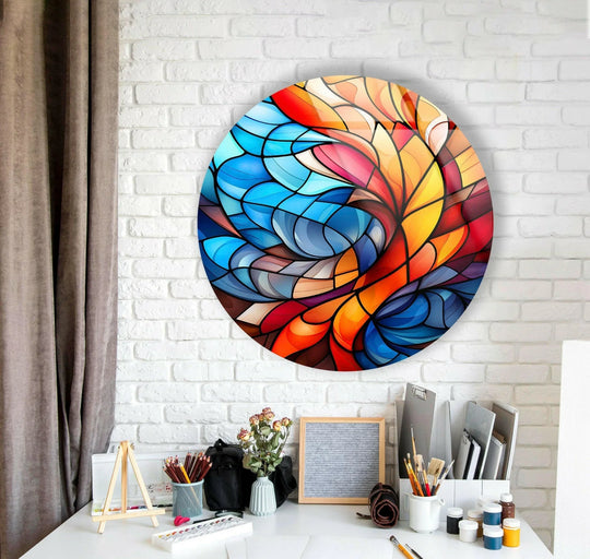 Highlighting the layering effect, this stained round glass wall art features vibrant blue and orange hues creating beautiful wall prints.