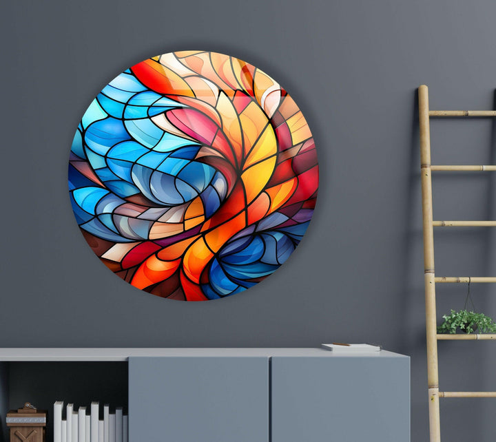 Stained Round Blue & Orange Glass Wall Art custom glass pictures, glass art prints
