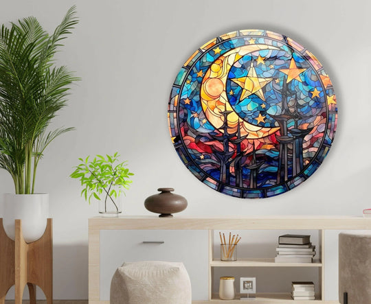 The stillness of a moon and stars is beautifully captured in this vibrant, round stained glass hanging wall art, evoking a sense of celestial peace.