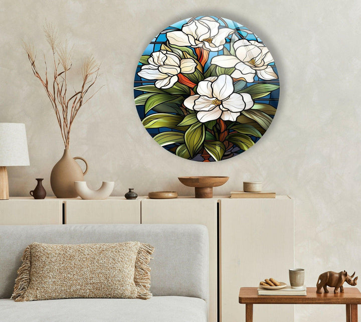 Stained Round White Flowers Glass Wall Art custom glass pictures, glass art prints
