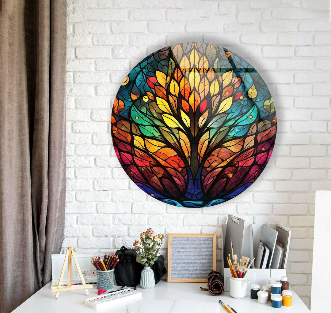 Tree Design Stained Round Glass Wall Art glass photo prints, glass picture prints
