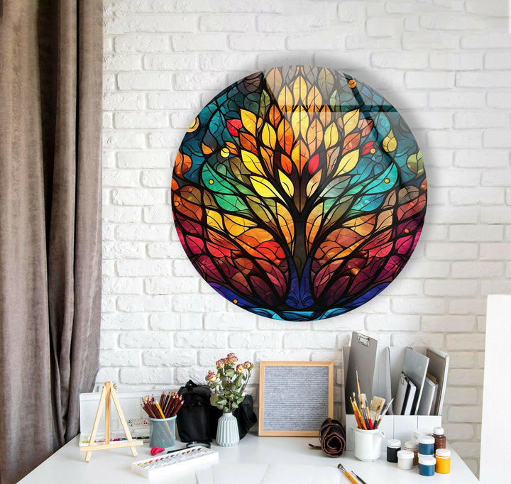 Tree Design Stained Round Glass Wall Art glass photo prints, glass picture prints
