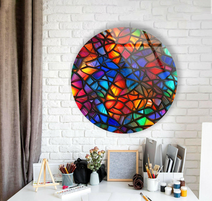 Stained Round Blue & Red Glass Wall Art picture on glass wall art, photos printed on glass
