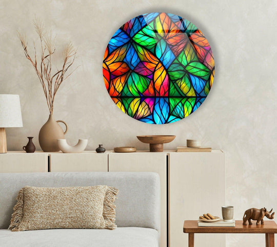 Depth and layers are enhanced within the shaped details of this stained round wall art from glass, creating a vibrant, dimensional, and colorful decor piece.