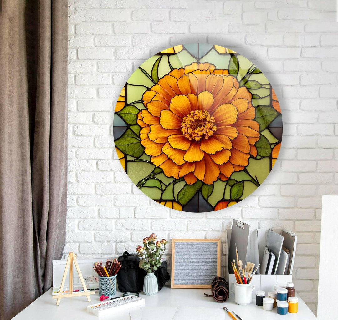 Marigold Flower Stained Round Glass Wall Art glass photo prints, glass picture prints
