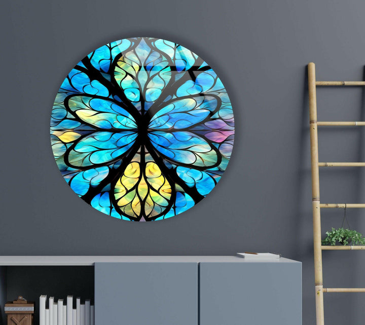 Stained Round Blue Mandala Glass Wall Art glass art painting, glass art for the Wall
