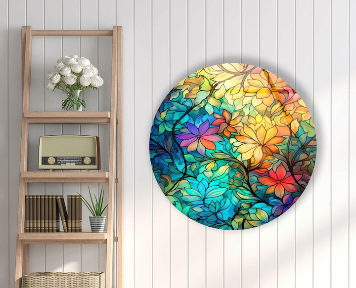 Colored Flowers Stained Round Glass Wall Art glass pictures for Wall, glass prints wall art
