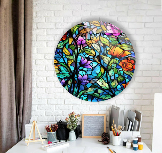Horizontal, round glass wall artwork featuring a vibrant, colorful stained with flowers design complements a modern decor.
