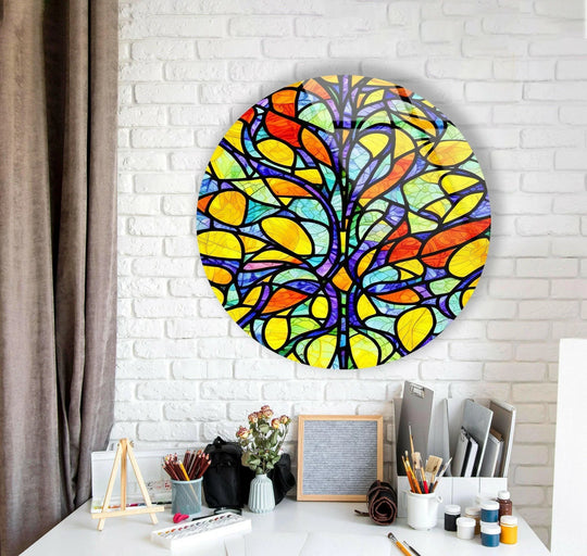 Vibrant colors swirl within this stained round yellow tree glass wall art, giving the illusion of constant, dynamic motion through skillful glass printing.
