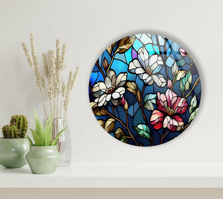 Stained White Magnolia Round Glass Wall Art photo print on glass, prints on glass wall art
