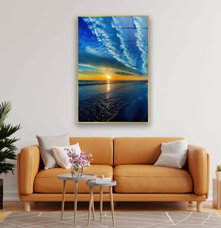 Nature-inspired wall art featuring a golden sunset over calm ocean waters.
