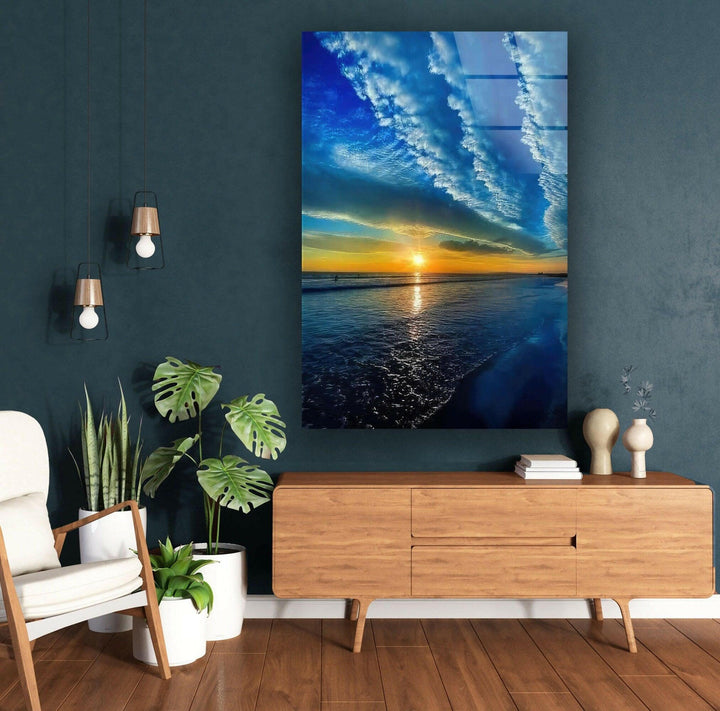 Captivating coastal artwork displaying a stunning interplay of light, clouds, and waves.
