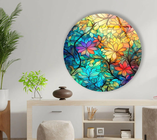 The negative space surrounding the floral design amplifies the vibrant colors of this round stained glass wall art decor, creating a compelling, vivid effect.