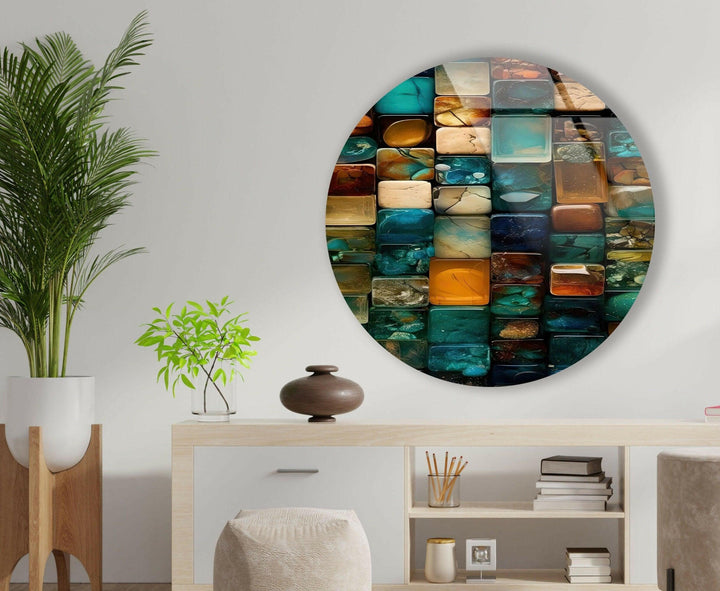 Stained Round Blue Stones Glass Wall Art picture on glass wall art, photos printed on glass
