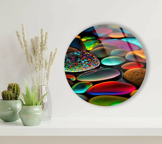Swirling patterns of light and color create a dynamic sense of flow across this round, glowy zen spa stones themed tempered glass wall art.
