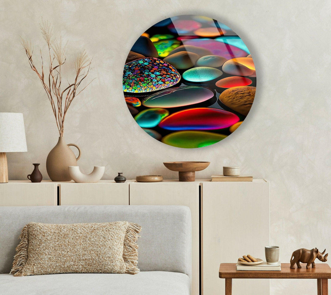 Glowy Zen Spa Stones Round Glass Wall Art picture on glass wall art, photos printed on glass
