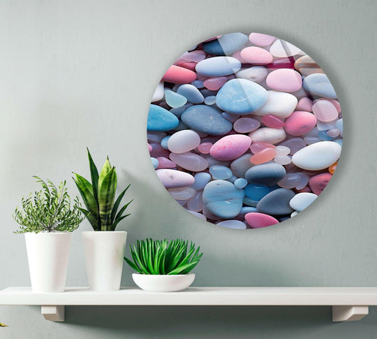 Oval pink and blue zen spa stones round glass art painting showcases an organized arrangement of colorful, rounded shapes.
