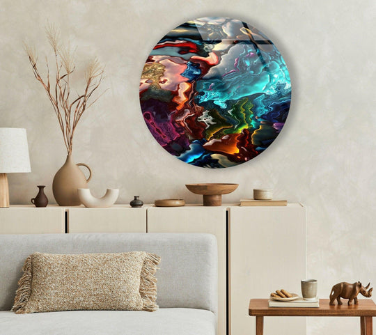 Subtle light and shadow accentuate the vibrant colors and fluid design of the stained round oil art colored glass hanging wall art, creating depth and movement.