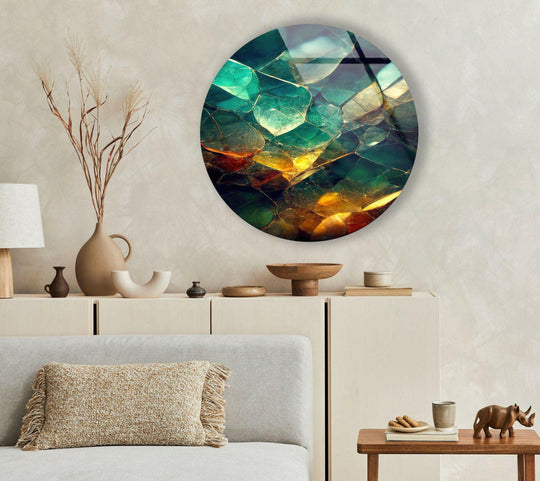 Deep shadows accentuate the vibrant green hues in this round, stained emerald glass wall art, a striking piece of art from glass reflecting light in a luxurious way.