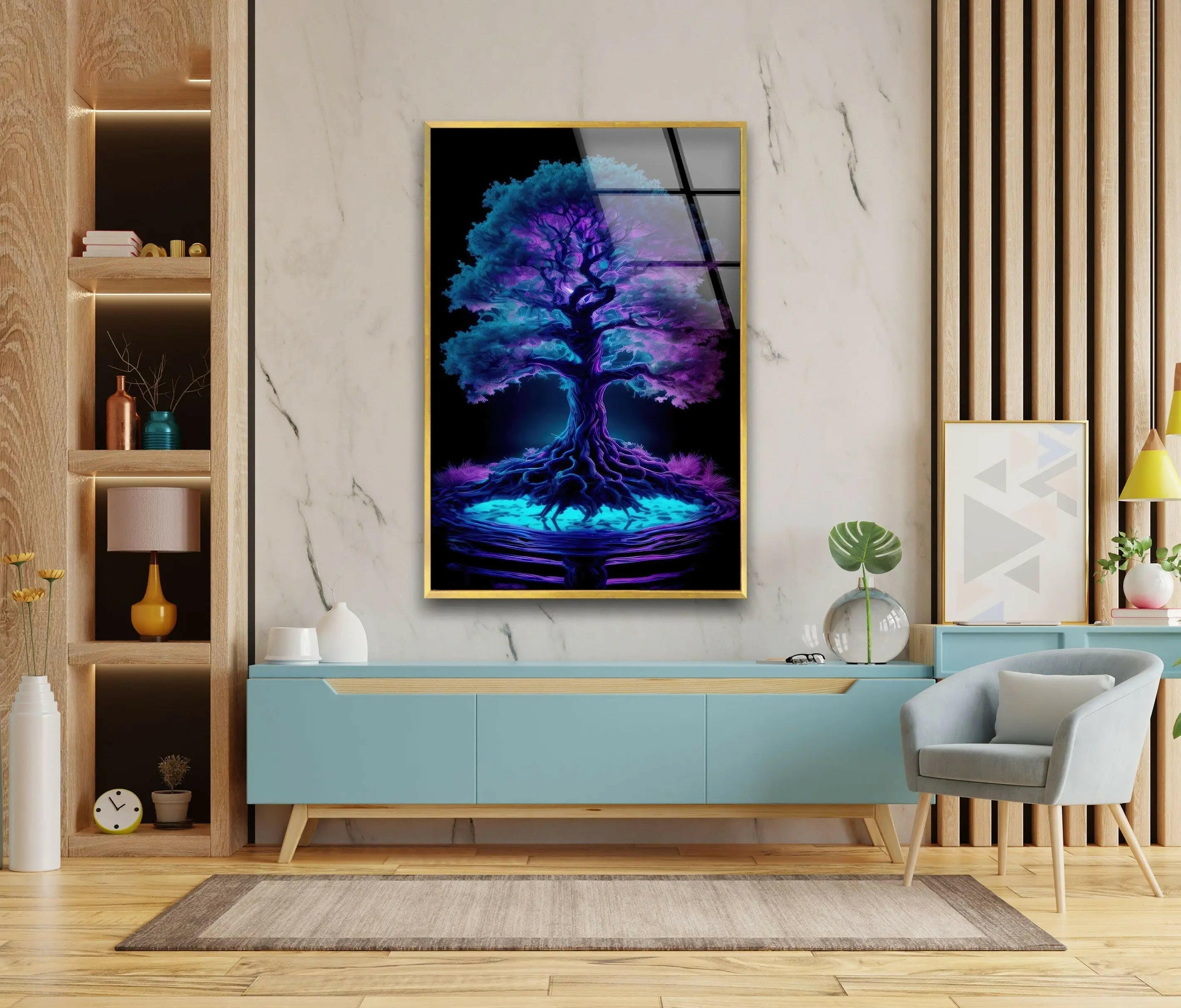Blue Purple Tree Stained Tempered Glass Wall Art
