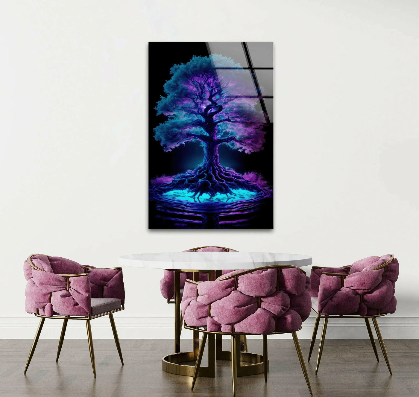 A mystical tree glowing with vibrant blue and purple hues creates a magical mood on this stunning stained glass hanging wall art.